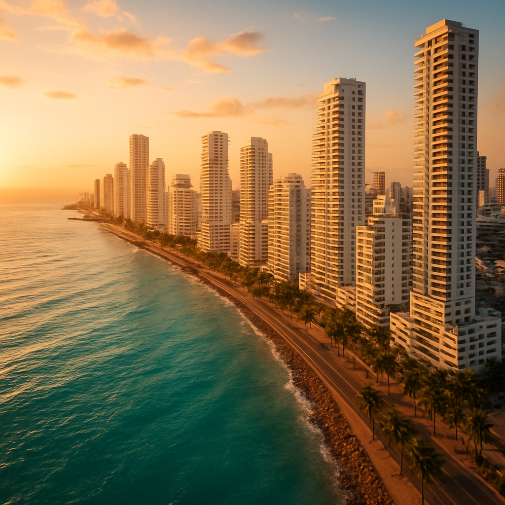 Cartagena, Colombia coastal skyline with high-rise towers along the Caribbean
